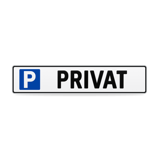 Parkplatzschild 520 × 110 mm mit blauem P-Feld und Wunschtext PRIVAT