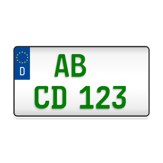 Grünes Traktorkennzeichen 255 × 130 mm, zweizeilig, Beispiel AB CD 123
